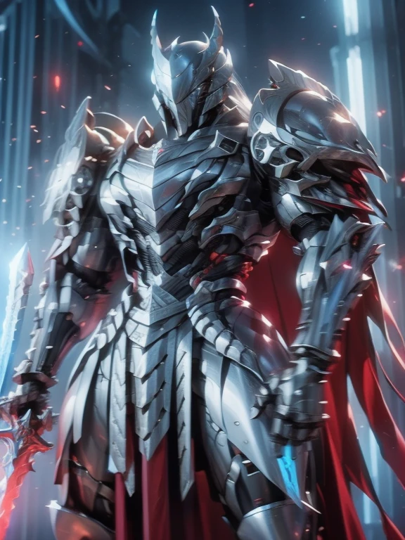 Character design, 1 girl,, slim body, medium chest, skinny waist, ((long deep red hair)). blue eyes. (((ice blue fantasy a female knight in a full armor))), (((big pauldrons, intricate details))), (((large black cape))), (((advanced weapon fantasy plasma sword in right hand))), (standing), in a walled city, masterpiece, HD high quality, 8K ultra high definition, ultra definition,