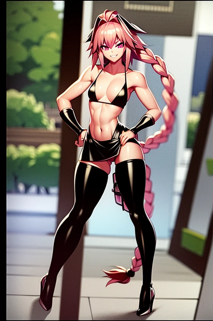 Ultra-detailed illustrations, masterpiece、Highest quality, ((masterpiece)), ((best quality)), (detailed), astolfo, Beautiful, Beautiful and slim perfect body, Beautiful body, slim body, flat chest, not breasts, very sexy smile, sexy smile, femboy, boy, bright pink hair, very high ponytail, really spiky hair, messy hair, short hair, a long braid, lock of white hair on left side, perfect, solo, gorgeous femenine person, one piece dress, really long opened dress, really long dress, really long opened dress, really long opened dress from chest, really long gala dress, really long open gala dress, really long dress without shoulder, small bulge, thong bulge, bikini bulge, luscious lips, long hair, not breasts, sexy, mini skirt, seda skirt, black thong, high heels, not female in picture, photo pose, mini thong, long braid, femboy, Walking, happy, sexy, micro thong, cute bulge, micro crop top, sexy mini skirt, sexy pose, not penis, not nipples, only astolfo, picture of all body, pink hair, formal blouse, happy smile, long latex gloves, bikini bulge, golden dress, high heels, close legs, not open legs