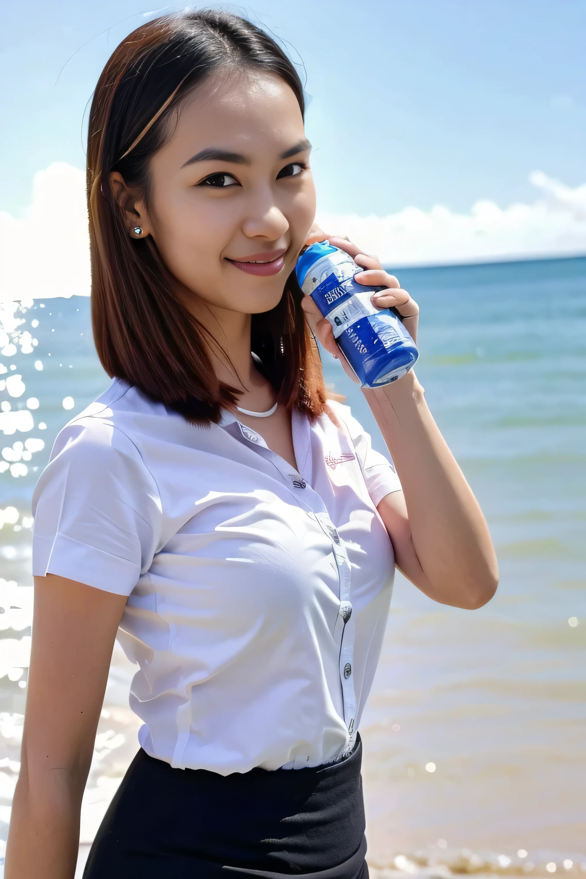 1 girl, wearing a white short-sleeved shirt and a black pencil skirt, standing and posing holding a plastic water bottle, close-up photo, sky background, sunlight flare in front, blurred background