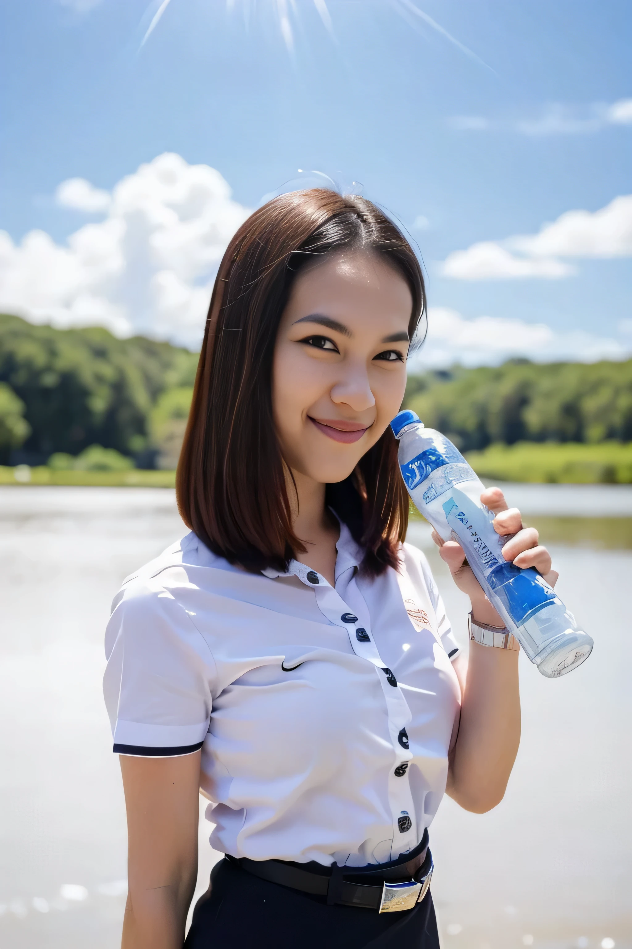 1 girl, wearing a white short-sleeved shirt and a black pencil skirt, standing and posing holding a plastic water bottle, close-up photo, sky background, sunlight flare in front, blurred background