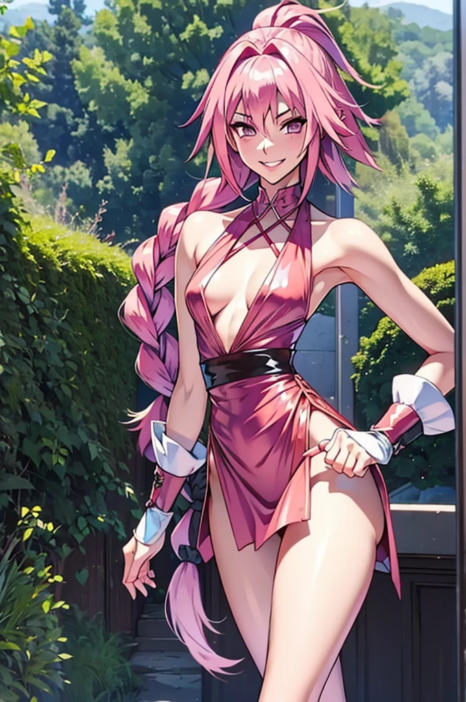 Ultra-detailed illustrations, masterpiece、Highest quality, ((masterpiece)), ((best quality)), (detailed), astolfo, Beautiful, Beautiful and slim perfect body, Beautiful body, slim body, flat chest, not breasts, very sexy smile, sexy smile, femboy, boy, bright pink hair, very high ponytail, really spiky hair, messy hair, short hair, a long braid, lock of white hair on left side, perfect, solo, gorgeous femenine person, one piece dress, really long opened dress, really long dress, really long opened dress, really long opened dress from chest, really long gala dress, really long open gala dress, really long dress without shoulder, small bulge, thong bulge, bikini bulge, luscious lips, long hair, not breasts, sexy, mini skirt, seda skirt, black thong, high heels, not female in picture, photo pose, mini thong, long braid, femboy, Walking, happy, sexy, micro thong, cute bulge, micro crop top, sexy mini skirt, sexy pose, not penis, not nipples, only astolfo, picture of all body, pink hair, formal blouse, happy smile, long latex gloves, bikini bulge, golden dress, high heels, close legs, not open legs