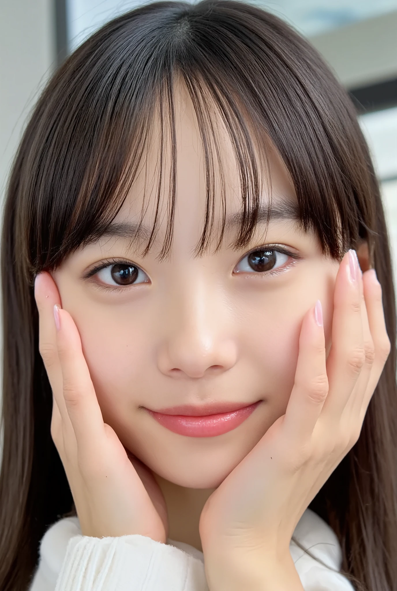 (8k resolution:1.5), (super high quality:1.4), (Realistic skin texture:1.8), (Depicting fine pores:1.7), (Fine wrinkles in the skin:1.5), Realistic pores are clearly depicted on the surface of the cheeks and nose.、Light reflects off the surface, creating a natural shine. (Skin texture and light reflection:1.6), Smooth shadows are drawn on the forehead and jawline.、Light is evenly distributed across the face (Shadow effect:1.4), The lips are a natural pink color with a realistic sheen.、The light is softly reflected (Lip texture:1.3), Each strand of hair is detailed、Smooth and natural on the shoulder (Hair Detail:1.3), The background is blurred、Face stands out (Background blur:1.3)**