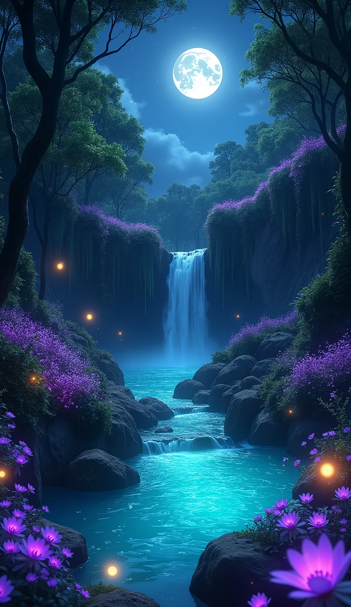 Create a mesmerizing night scene of a waterfall hidden in a dense forest filled with glowing purple flowers. A small waterfall flows gently into a sparkling turquoise pool, Surrounded by glowing rocks and ivy. Fireflies flutter among the flowers, Soft moonlight on the trees々Insert between, Creating intricate light patterns on the forest floor. Night Sky, Filled with stars and a shining full moon, Reflected in the pond, Add depth and a sense of wonder. The radiant green leaves and purple flowers create a natural and magical harmony., Inspires peace and serenity. 