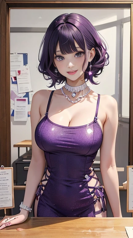 (((masterpiece, Ultra-high resolution, , 8K quality))), ((( / Revealing Dress))), (((Purple Hair, French Up))), (((Beautiful sparkling purple eyes, Students are emphasized))), ((Straight bangs)), Pink Lips, Sexy look, ((Very detailed)), (Perfectly detailed face), (Intricate and carefully drawn hand), (((Very large breasts, Cute Smile))), Photorealistic images, Silver Earrings, Pearl Necklace, Jade Bangle, Diamond Ring, Upper Body
