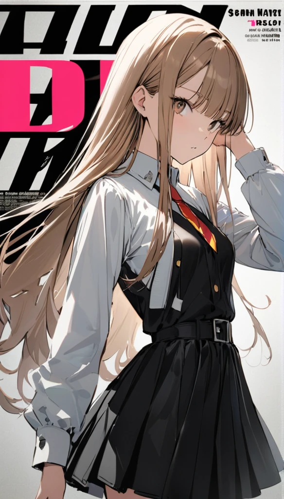 (cover of a fashion magazine),(favorite posing),(1 Highschool gal,uniform,slim,small breasts,long brown straight hair,Side bangs,Slope_eye),(loose socks),break,conceptual art, masterpiece, Super Detail, Attention to detail, high quality, highest quality, High resolution