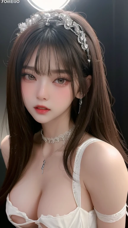 Tabletop、Close-up shot of face、(8k、RAW Photos、Best Quality、masterpiece: 1.2)、Gothic Makeup:1.4、Beautiful big brown eyes、Glowing White Skin、bangs、Very cute and beautiful young woman、((Big Breasts:1.2))、Fantasy、 dream、Detailed face、The breasts are fully visible, Nipples are visible、Sexy Bondage、Beautiful Necklace、Blurred black background:1.5、Photo Studio、Cinema Lighting、Professional Photographer