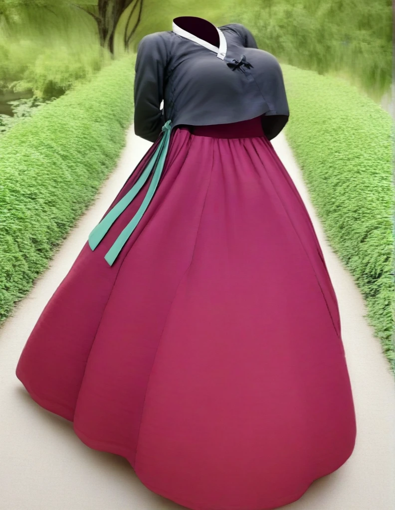 "Create an image of a young Korean girl who is invisible but subtly represented by her surroundings. Show her presence through floating clothing,Big boob 
, like a traditional hanbok gently moving in the wind, with footsteps in the  leaves parting as she moves. The background could be a peaceful garden or a serene lakeside, hinting at her existence through these small details."