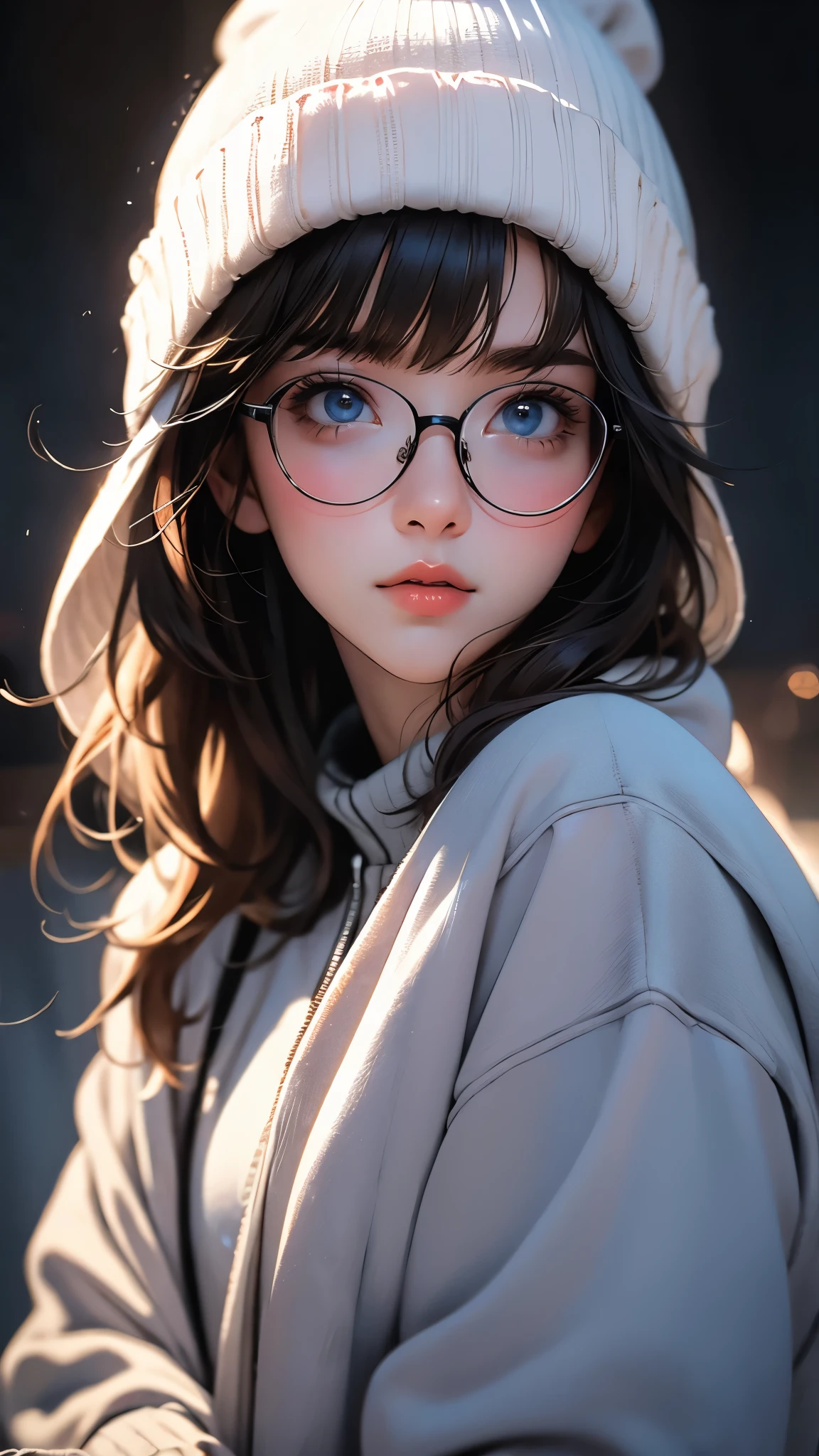 ((Masterpiece)), envision a 8k, highres, cinematic, extremely beautiful semi realistic close up portrait of a beautiful dork British girl with a strong face, slender body, ((shoulder length dark brown hair)), side locks, choppy bangs, round face, long sweeping bangs, baby blue eyes, soft lips, lip gloss, thick eyebrows, round face, glasses, long sleeves, oversized hoodie, ((Black Beanie)),, ((((1girl)))), in dark lighting, against a dark gray background