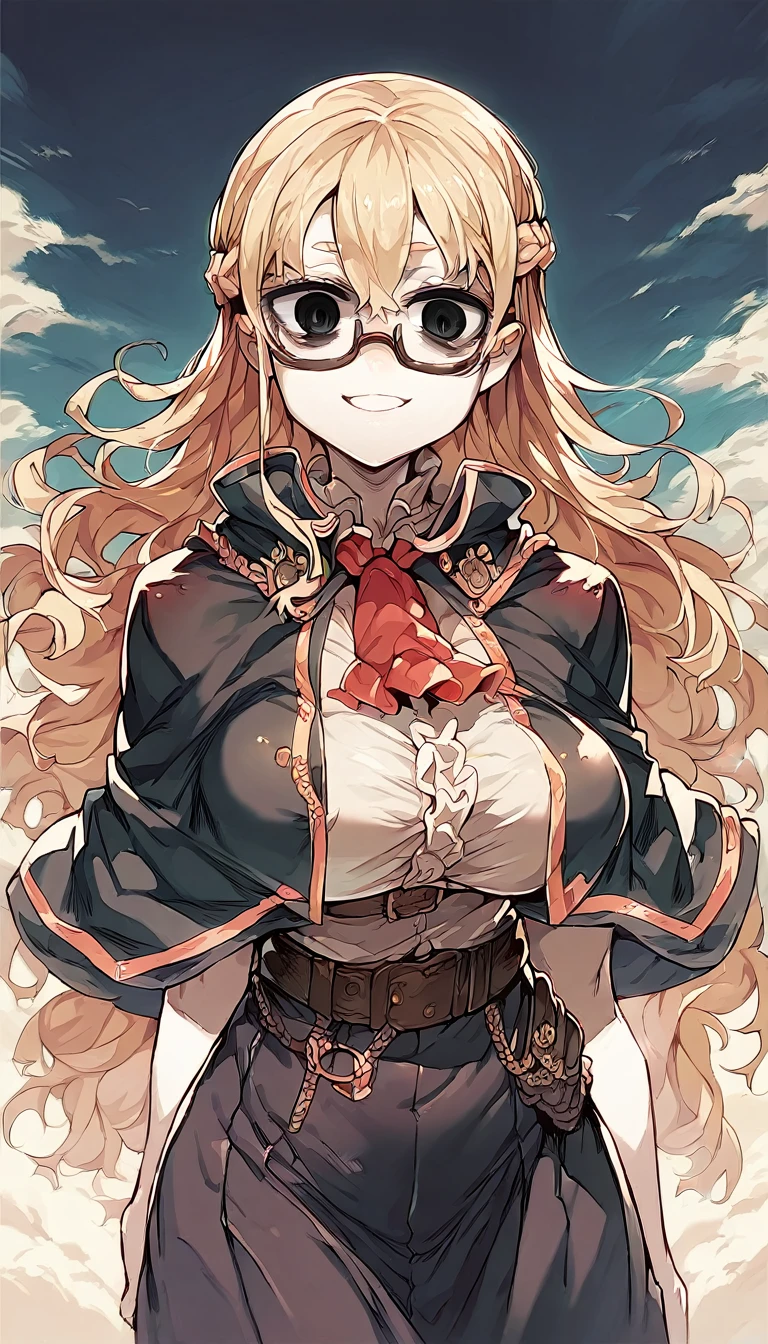 (Score_9, Score_8_up:1.1), 1 girl, White skin, Blonde, french braid, Long Hair, bangs, Bags under the eyes, smile, Black Eyes, Glasses, Black military uniform, Clevis, belt, skirt, Capelet, Red Ascot, Huge natural breasts, smile face, Shiny and oily breasts, Large areola、Clevis, Overflowing Chest, Skin decoration, Bra Peek, Black bra, Cowboy Shot, Pose, skinny, desert, blue sky, Backlight, Staring at the viewer