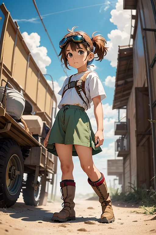 anime「Xabungle」The world view，Fisheye Lens，Small walking machine，Little cute girl，Very short in height，Cyberpunk，Desert Storm Clouds，Old western clothes，goggles，Sandy，Jungle Boots，Sandy，Sand Dust，