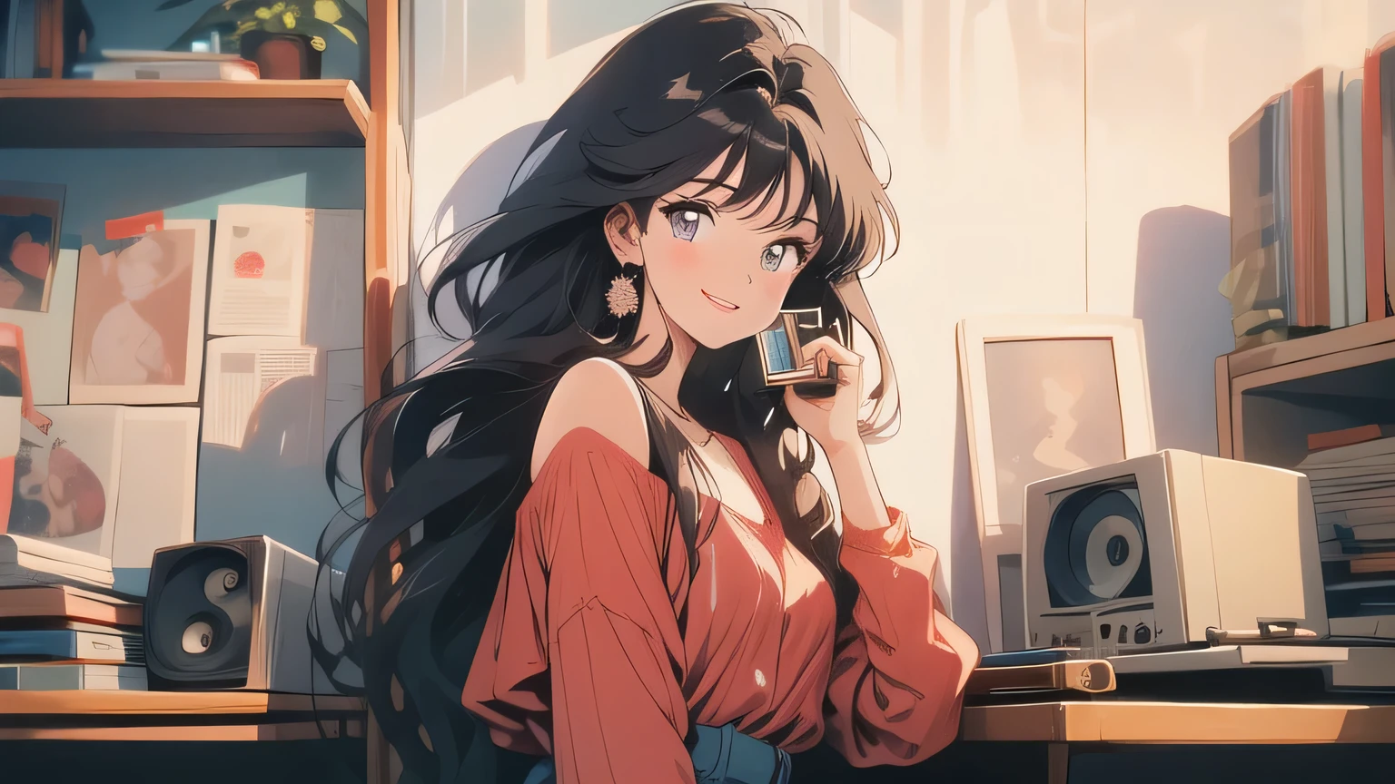 big eyes, Brown hair, Anime style illustration of a girl in casual clothes holding a red cassette tape. The background is a white wall with a few posters of records.. And it focuses on the girl and the cassette tape.. On cassette tapes "1980" There is a red label that says. The girl is holding a cassette in front of her face with a smile.