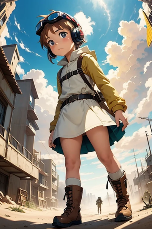 anime「Xabungle」The world view，Fisheye Lens，Small walking machine，Little cute girl，Very short in height，Cyberpunk，Desert Storm Clouds，Old western clothes，goggles，Big headphones，Sandy，Jungle Boots，Sandy，Sand Dust，