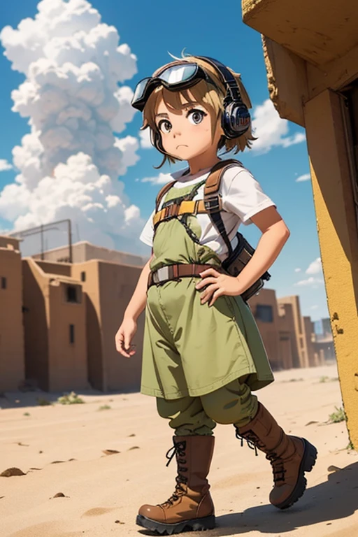 anime「Xabungle」The world view，Fisheye Lens，Small walking machine，Little cute girl，Very short in height，Cyberpunk，Desert Storm Clouds，Old western clothes，goggles，Big headphones，Sandy，Jungle Boots，Sandy，Sand Dust，