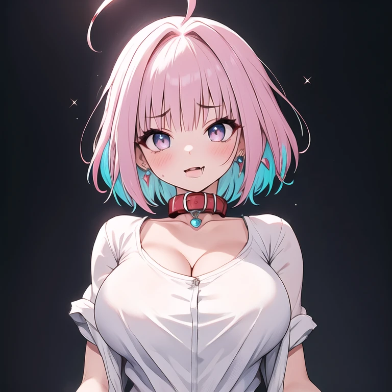 1 person、Mature、Ample breasts、Pink Hair、Braid、Long Hair、Purple Eyes、Taking off the uniform、ワイシャツから見えるNipples、Sweat、Upper body naked、nude、Nipples、Embarrassed、Blushing、Nipplesを摘む、はみ出すNipples、Feels good、Highest quality、High resolution