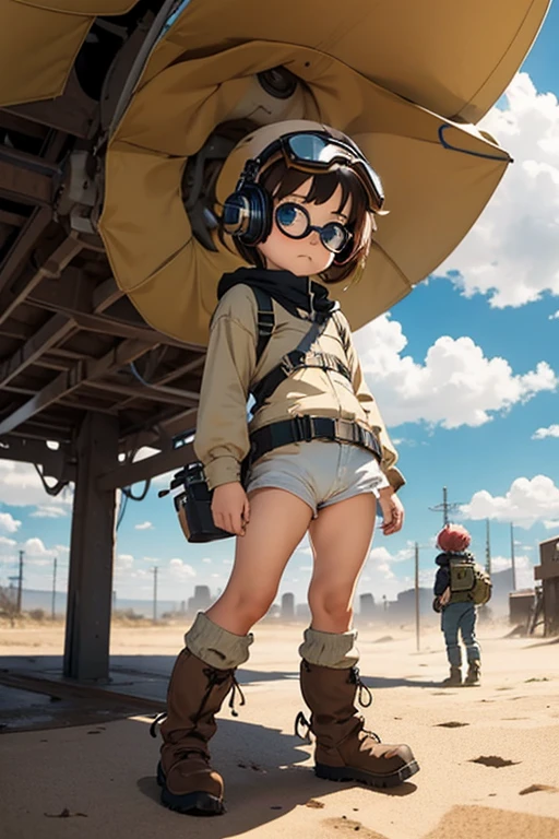 anime「Xabungle」The world view，Fisheye Lens，Small walking machine，Little cute girl，Very short in height，Cyberpunk，Desert Storm Clouds，Old western clothes，goggles，Big headphones，Sandy，Jungle Boots，Sandy，Sand Dust，