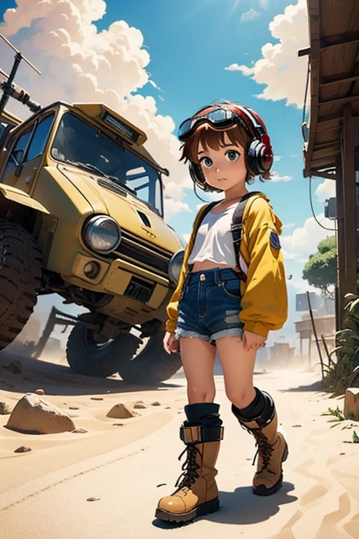 anime「Xabungle」The world view，Fisheye Lens，Small walking machine，Little cute girl，Very short in height，Cyberpunk，Desert Storm Clouds，Old western clothes，goggles，Big headphones，Sandy，Jungle Boots，Sandy，Sand Dust，