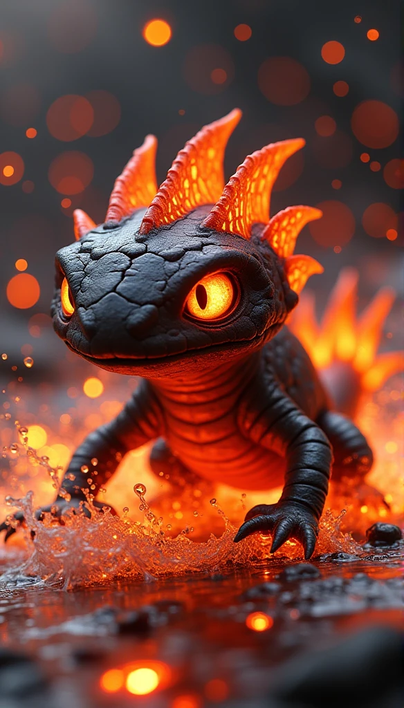 Portrait of baby dragon, red eyes, particle effects, atmospheric fog, lava, dynamic lighting, dark cave