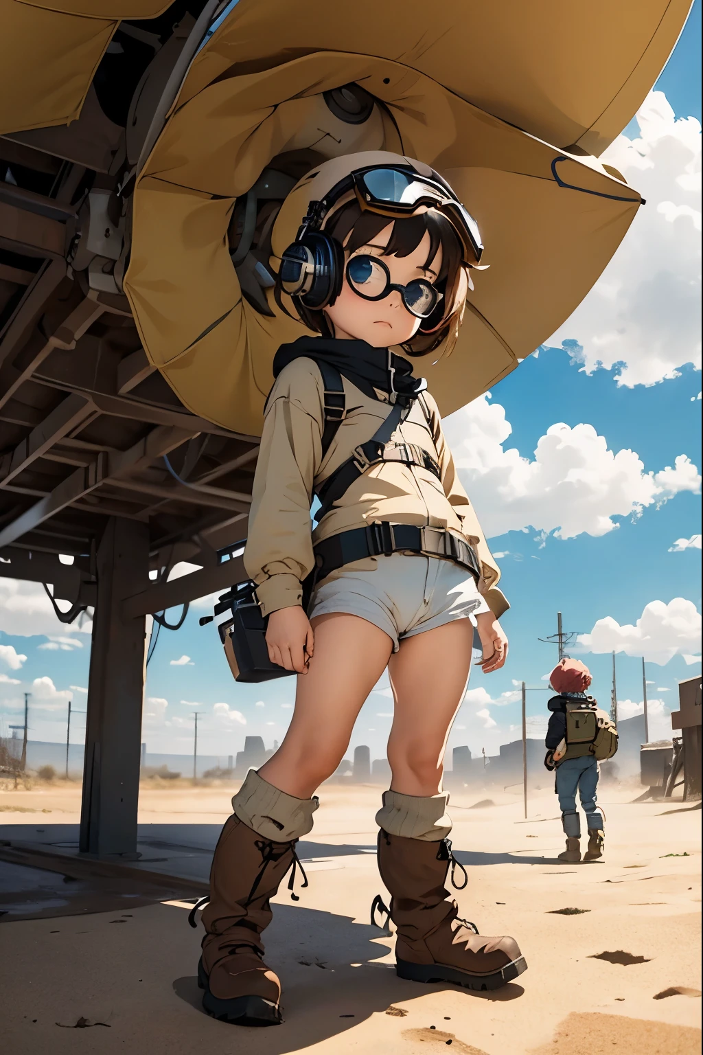 anime「Xabungle」The world view，Fisheye Lens，Small walking machine，Little cute girl，Very short in height，Cyberpunk，Desert Storm Clouds，Old western clothes，goggles，Big headphones，Sandy，Jungle Boots，Sandy，Sand Dust，