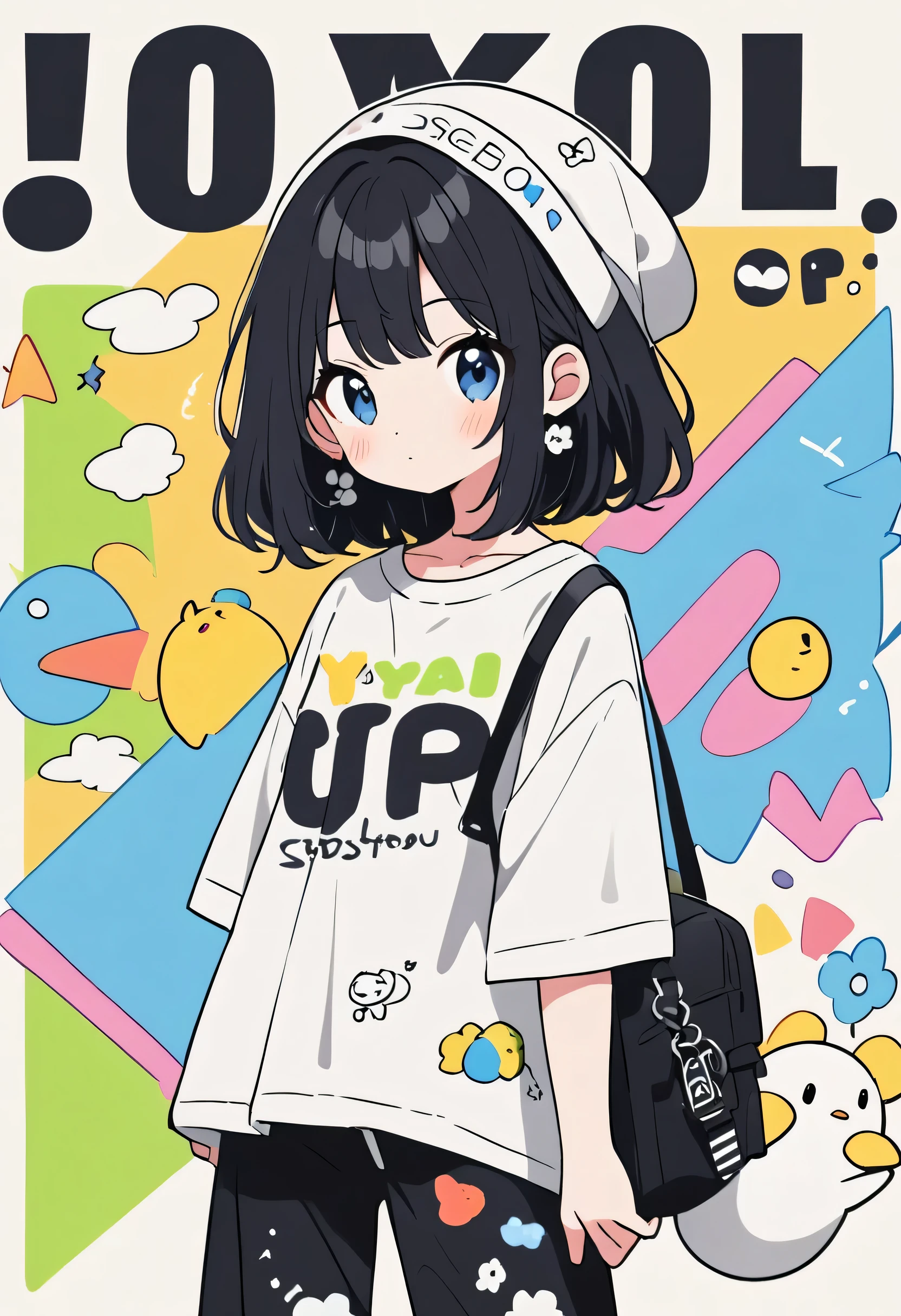 Ultra-realistic Hayao Miyazaki black and white style, Simple line acronym abstract art, kawaii design, (((Background is Disposal))), Street Style, Cute chick