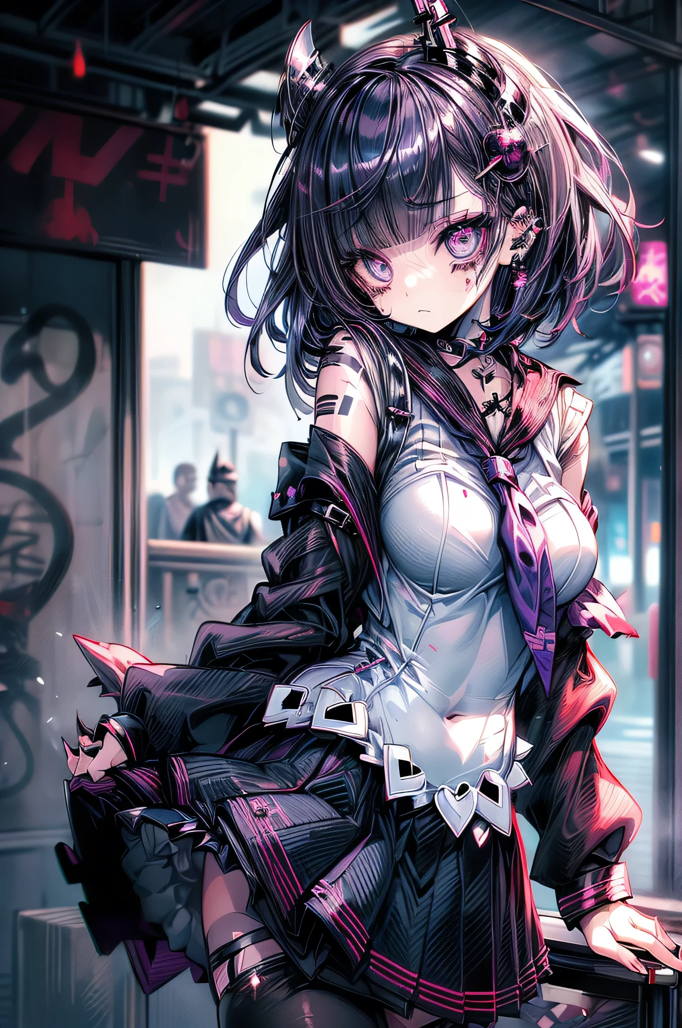 straight hair Punk girl.Tattoo, Headphones, 🎧, Goth_punk, One Girl, Medium Shot, ((Game center theme:1.2)), Out of focus Depth of field,Rainbow Eyes, (iridescent red 髪), Lots of earrings, Labret, Facial piercing, bangs, mask, blunt bangs, Blurred background,Short Hair, Portraiture, Side Look, Goth, (masterpiece), (beautiful),  (high quality), (beautiful衣服),  (Feminine features), (16 years old), 1 female,  (shapely massive chest:1.2),  (Resistance的な表情), ((Resistance)), (Pink Parker:1.3), ((Short 髪)), ( White and pink hair), (Spiky Hair), (Thick 髪), Matte shine hair, (Whitening skin), (Oversized Band T-Shirt), (Slit Skirt),  ((Urban alley background)),(Rainbow Hair) (Close-up shot), Beautiful hands, Two Arms, Complete Hand, Beautiful body, Beautiful eyes, mouth, lips,（Neon Light、Downtown at night🌃:1.5）(dynamic camera lens:1.3)