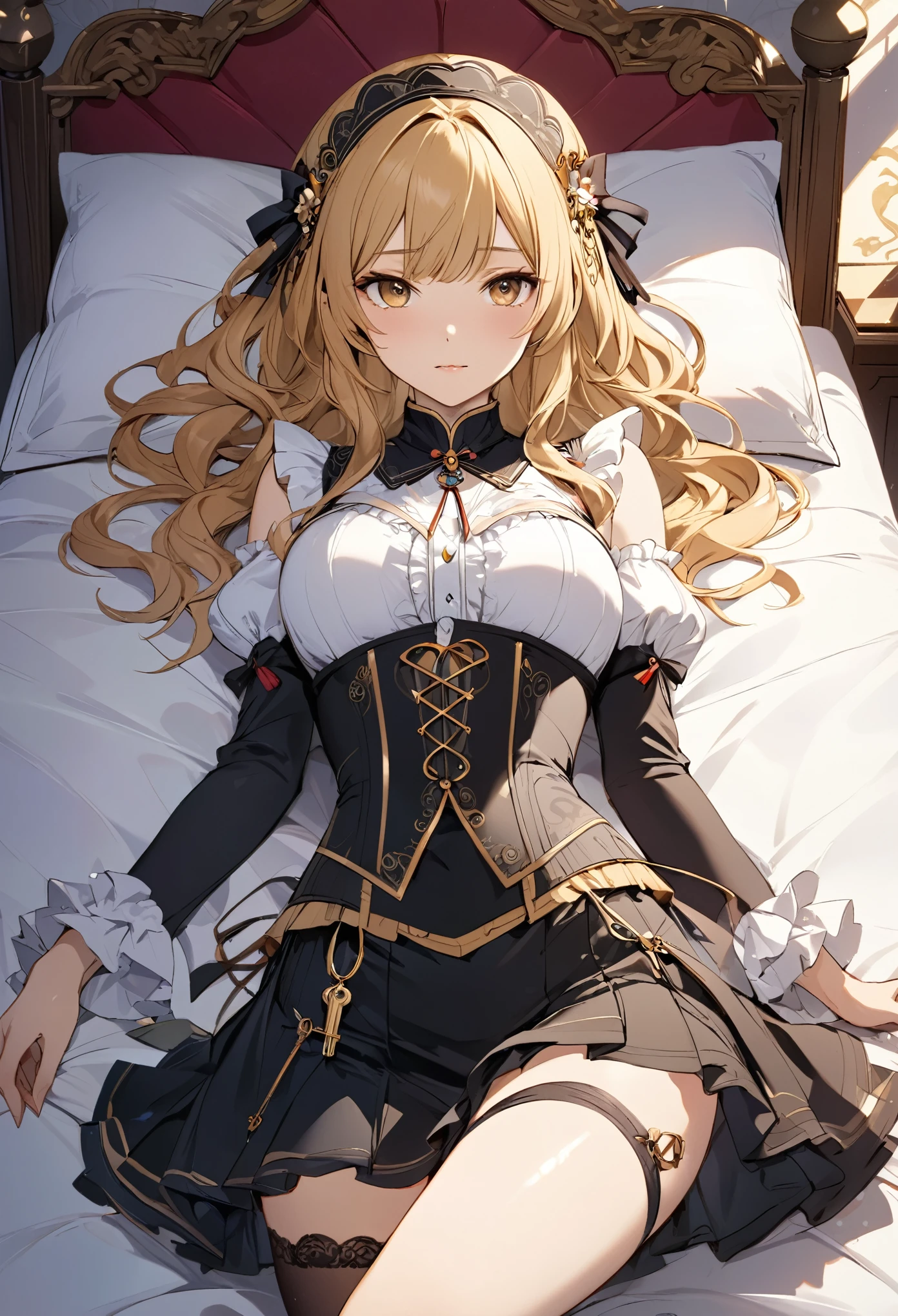Anime girl laying on a bed with a white sheet and black dress - SeaArt AI