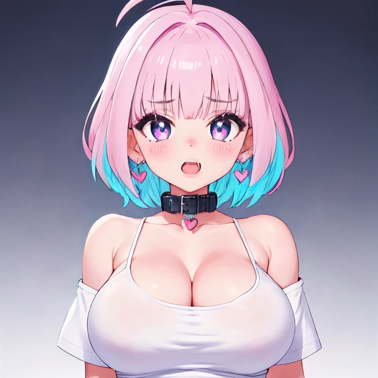 ((Upper body photo))、Cute face、Pink Hair、Long Hair、Twin tails、White skin、((Shooting from the front:1.5 ))、((Tight black t-shirt:1.5))。 ((Big Breasts)), Pointed nipples, masterpiece