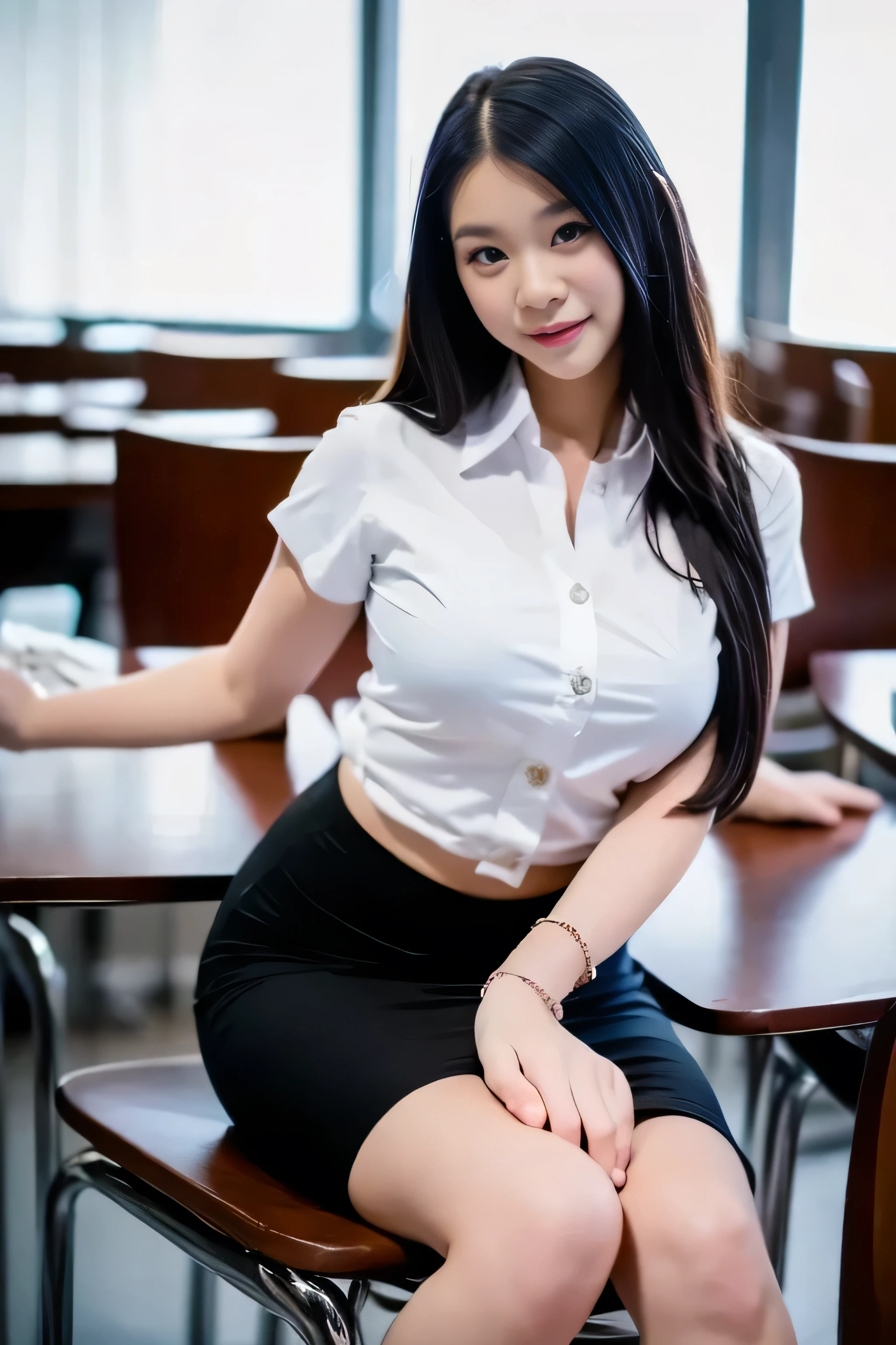 Close up,1 girl{{A beautiful woman wearing a white short-sleeved shirt and a black pencil skirt}} , striking a sexy pose.  with several lecture tables set up behind it  There is a sliding glass window.  There was evening light streaming into the room.