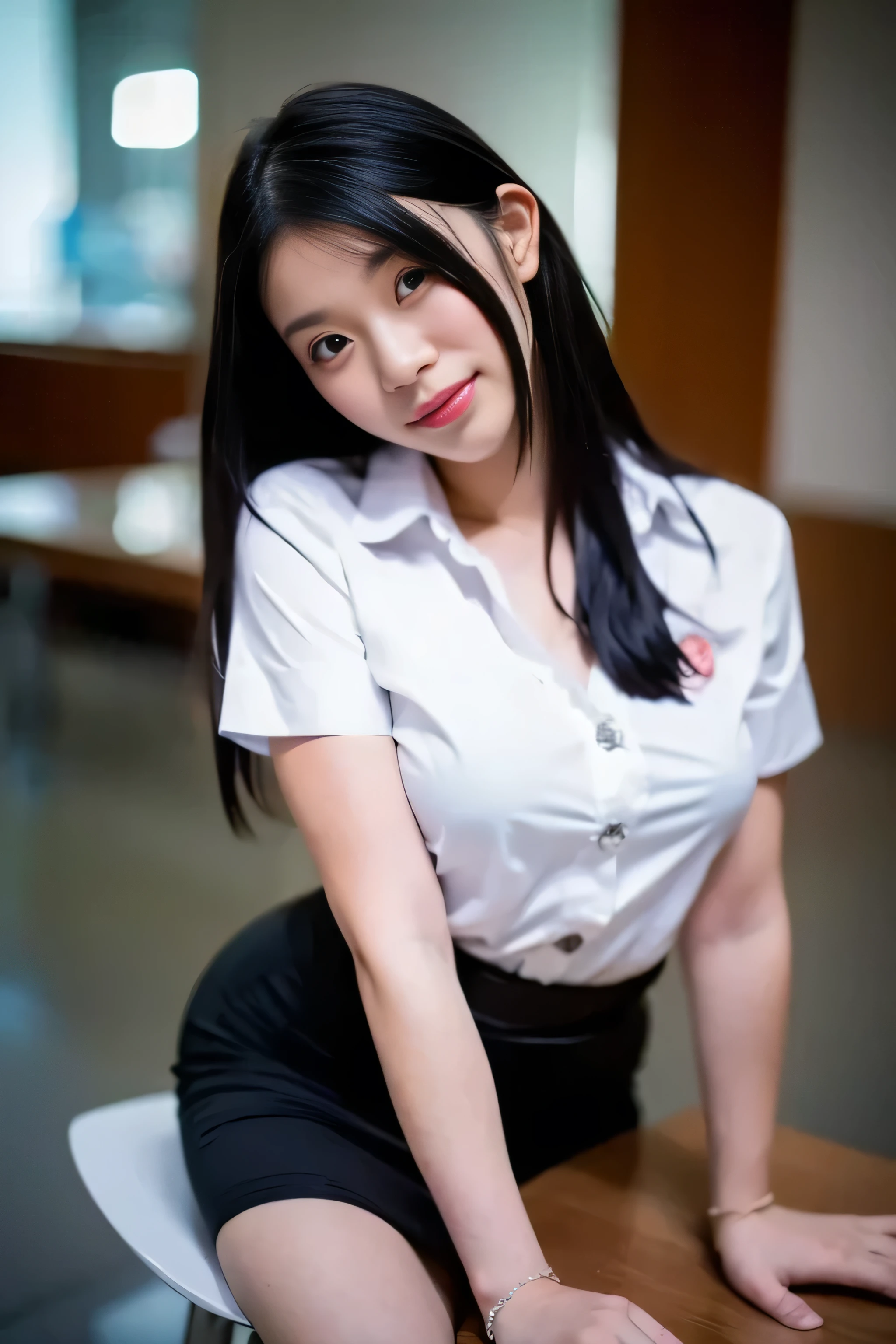 Close up,1 girl{{A beautiful woman wearing a white short-sleeved shirt and a black pencil skirt}} , striking a sexy pose.  with several lecture tables set up behind it  There is a sliding glass window.  There was evening light streaming into the room.