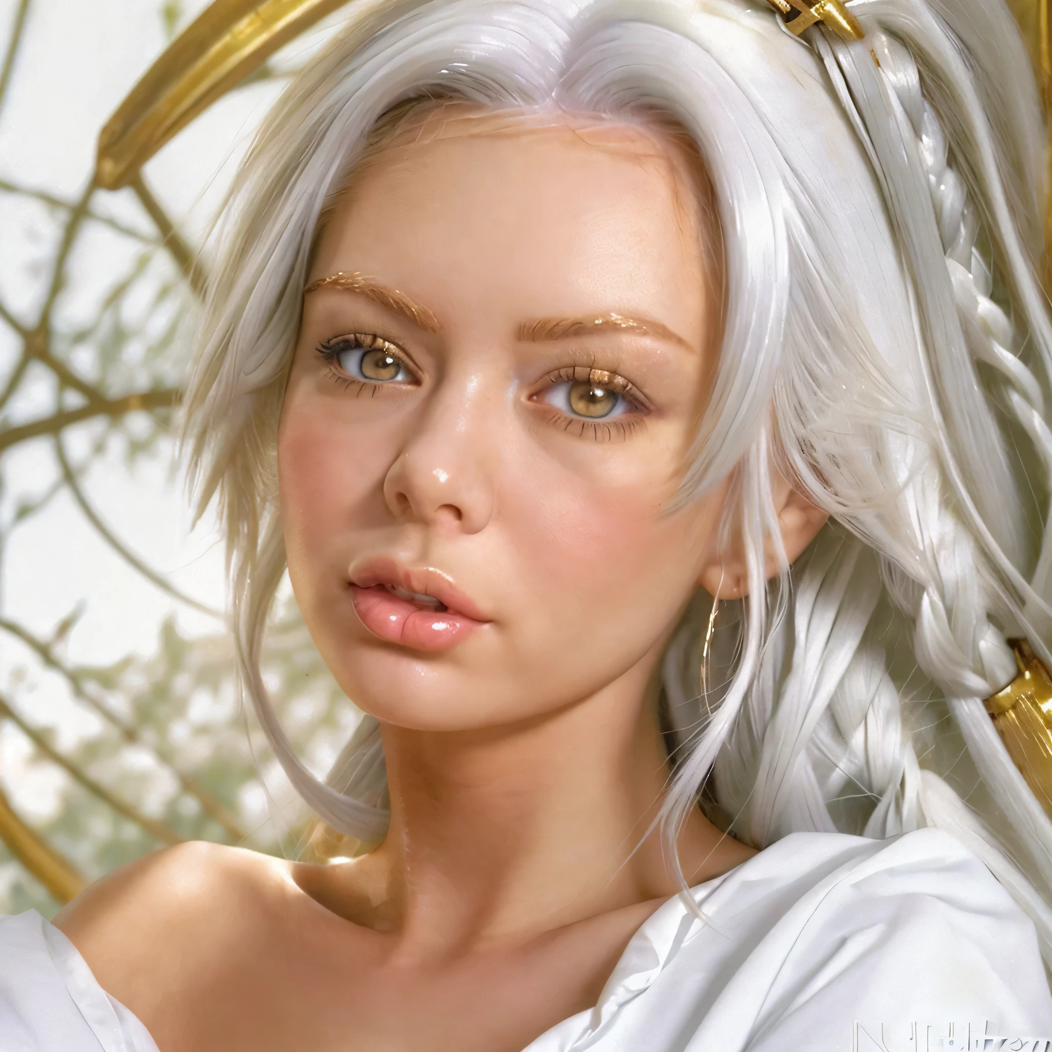 Best quality, masterpiece,White hair, Golden Eyes,White clothes, look up, Upper body,A strand of hair,Bright skin,Side Braid