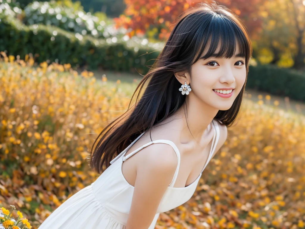 Best Quality,Masterpiece,Ultra High Resolution,(Realisticity:1.4),Original Photo,
1girl,smirk,hair with bangs,black long dress,flower,