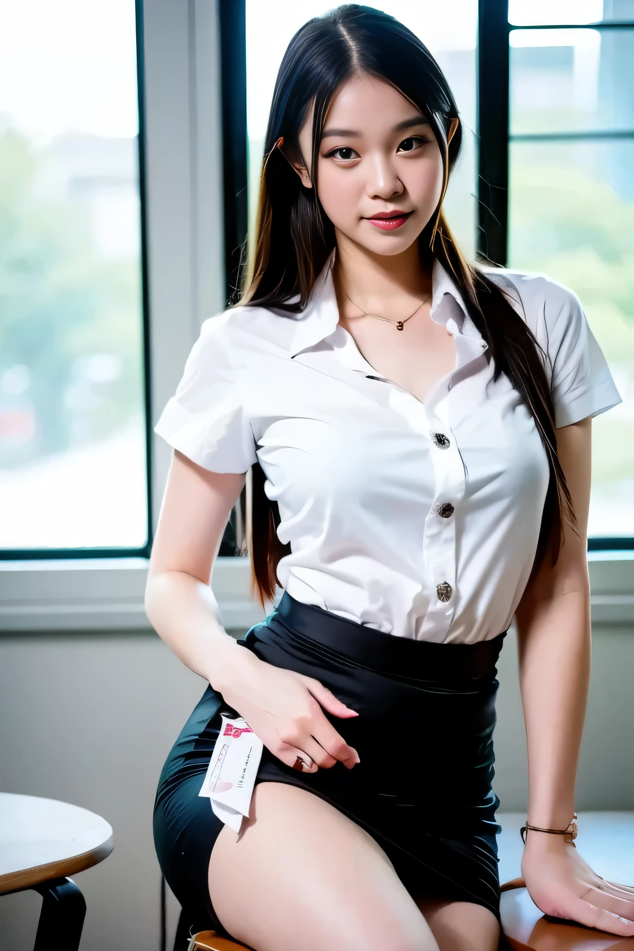 Close up,1 girl{{A beautiful woman wearing a white short-sleeved shirt and a  black pencil skirt}} , striking a sexy pose.  with several lecture tables set up behind it  There is a sliding glass window.  There was evening light streaming into the room.