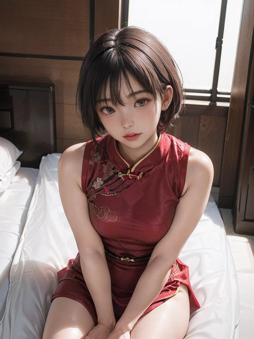 8k, RAW Photos, masterpiece, Realistic, (1 Ultimate Beauty), ((Wearing a sexy Chinese dress)),(Please include only one person in the photo.)、(In the bedroom)((She sat on the bed and raised her knees、I&#39;m spreading my legs))(Wear rimless glasses)((Sexy pose))Detailed face, (Sexy look), fine grain, double eyelid, eyelash, Lip details, (((Black short bob hair), (((Very large breasts)))Big Breasts,(((Side slits flatter your legs)))(((Accentuate the crotch)))(((Accentuate the crotch)))((Sexy pose))((Draw the whole body)),  Soft light, ((Written boundary depth)) 
Proceed with caution，((,Japanese women)), (((Medium, Narrow waist))), (((Realistic))(((View from the front)))