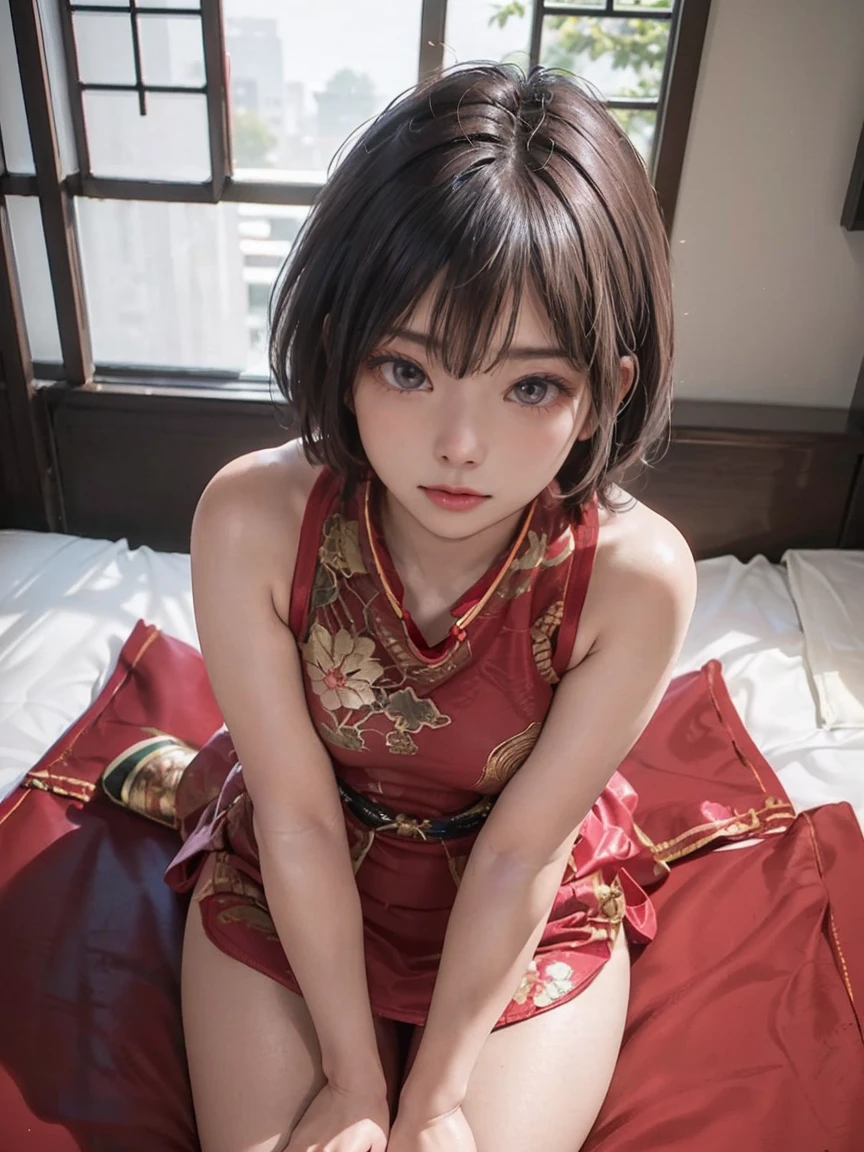 8k, RAW Photos, masterpiece, Realistic, (1 Ultimate Beauty), ((Wearing a sexy Chinese dress)),(Please include only one person in the photo.)、(In the bedroom)((She sat on the bed and raised her knees、I&#39;m spreading my legs))(Wear rimless glasses)((Sexy pose))Detailed face, (Sexy look), fine grain, double eyelid, eyelash, Lip details, (((Black short bob hair), (((Very large breasts)))Big Breasts,(((Side slits flatter your legs)))(((Accentuate the crotch)))(((Accentuate the crotch)))((Sexy pose))((Draw the whole body)),  Soft light, ((Written boundary depth)) 
Proceed with caution，((,Japanese women)), (((Medium, Narrow waist))), (((Realistic))(((View from the front)))