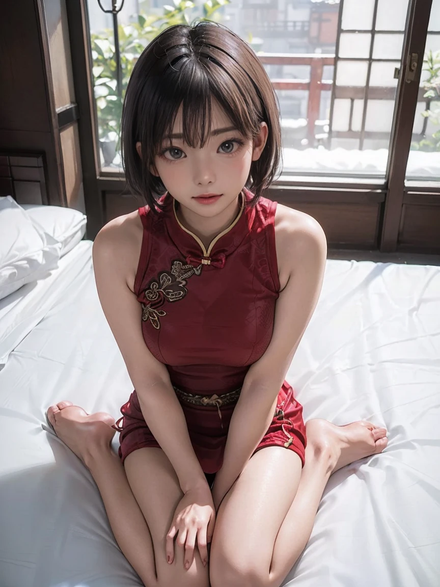 8k, RAW Photos, masterpiece, Realistic, (1 Ultimate Beauty), ((Wearing a sexy Chinese dress)),(Please include only one person in the photo.)、(In the bedroom)((She sat on the bed and raised her knees、I&#39;m spreading my legs))(Wear rimless glasses)((Sexy pose))Detailed face, (Sexy look), fine grain, double eyelid, eyelash, Lip details, (((Black short bob hair), (((Very large breasts)))Big Breasts,(((Side slits flatter your legs)))(((Accentuate the crotch)))(((Accentuate the crotch)))((Sexy pose))((Draw the whole body)),  Soft light, ((Written boundary depth)) 
Proceed with caution，((,Japanese women)), (((Medium, Narrow waist))), (((Realistic))(((View from the front)))