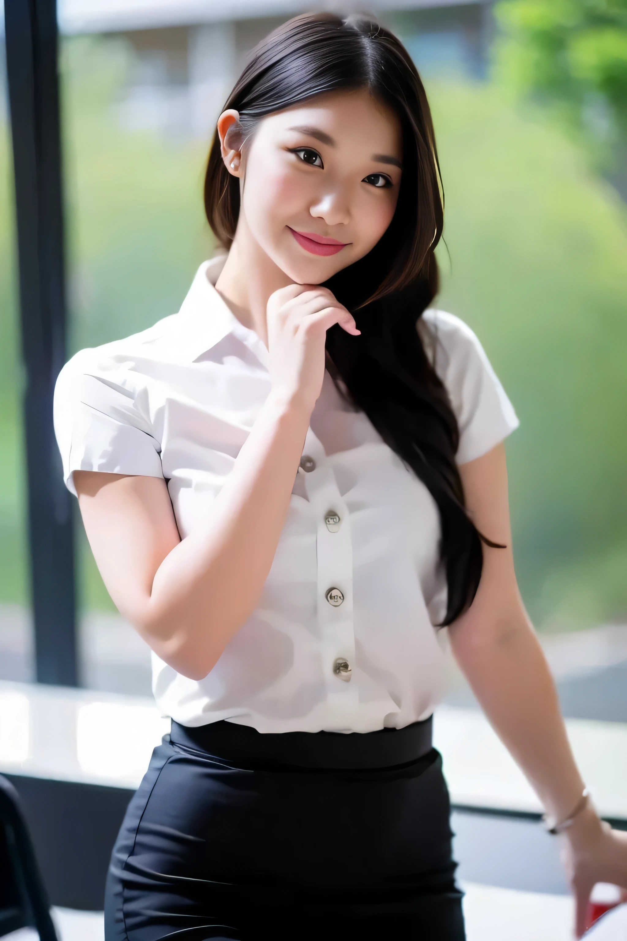 Close up,1 girl{{A beautiful woman wearing a white short-sleeved shirt and a  black pencil skirt}} , striking a sexy pose.  with several lecture tables set up behind it  There is a sliding glass window.  There was evening light streaming into the room.