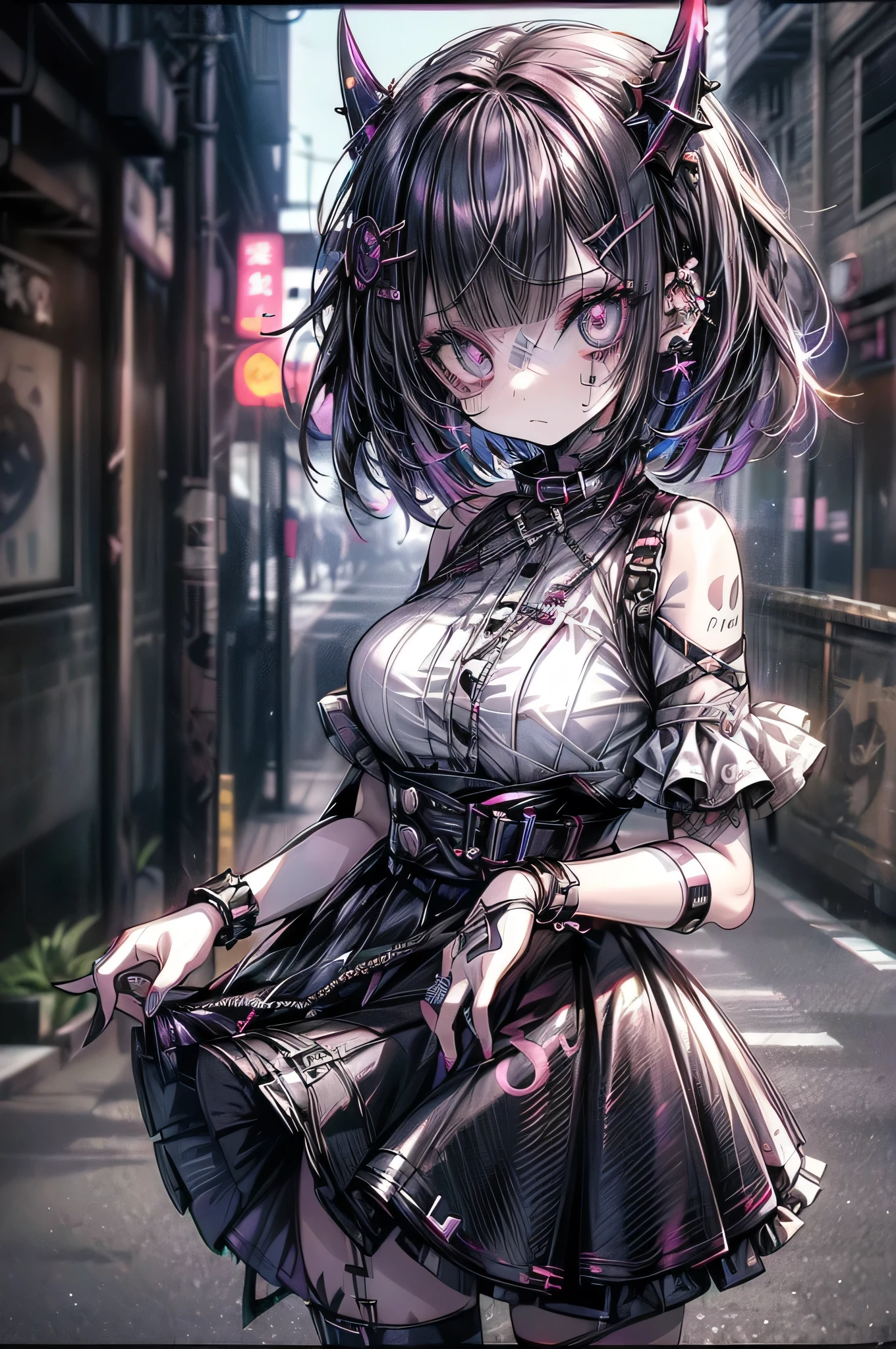 Anime girl with cat ears and a dress on in a city street - SeaArt AI