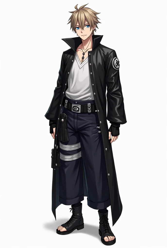 Shiny black jacket that reaches to the knees, It has an asymmetrical design, with a long sleeve on one arm and a short one on the other. Below, He is wearing a white t-shirt, adjusted, with an open collar in the shape of "V" revealing a silver necklace, pants are dark, wide, with several belts crossed at the height of the legs, They have small compartments, His boots are black leather, with laces , that reach just below the knees. They are practical, but they also have a touch of elegance that contrasts with their relaxed attitude.,  Black fingerless gloves with silver detailing covering her hands, Wide and striking belt in dark tone with buckle, where his Konoha forehead protector hangs, always leaning to one side. Round black glasses resting on his head revealing his sky-blue eyes with celestial details, Konoha bandana on his right arm, male, young adult, Without Beard, messy light brown hair, His hair would have the same shape as Gojo Satoru&#39;s., anime, Naruto style, white background.