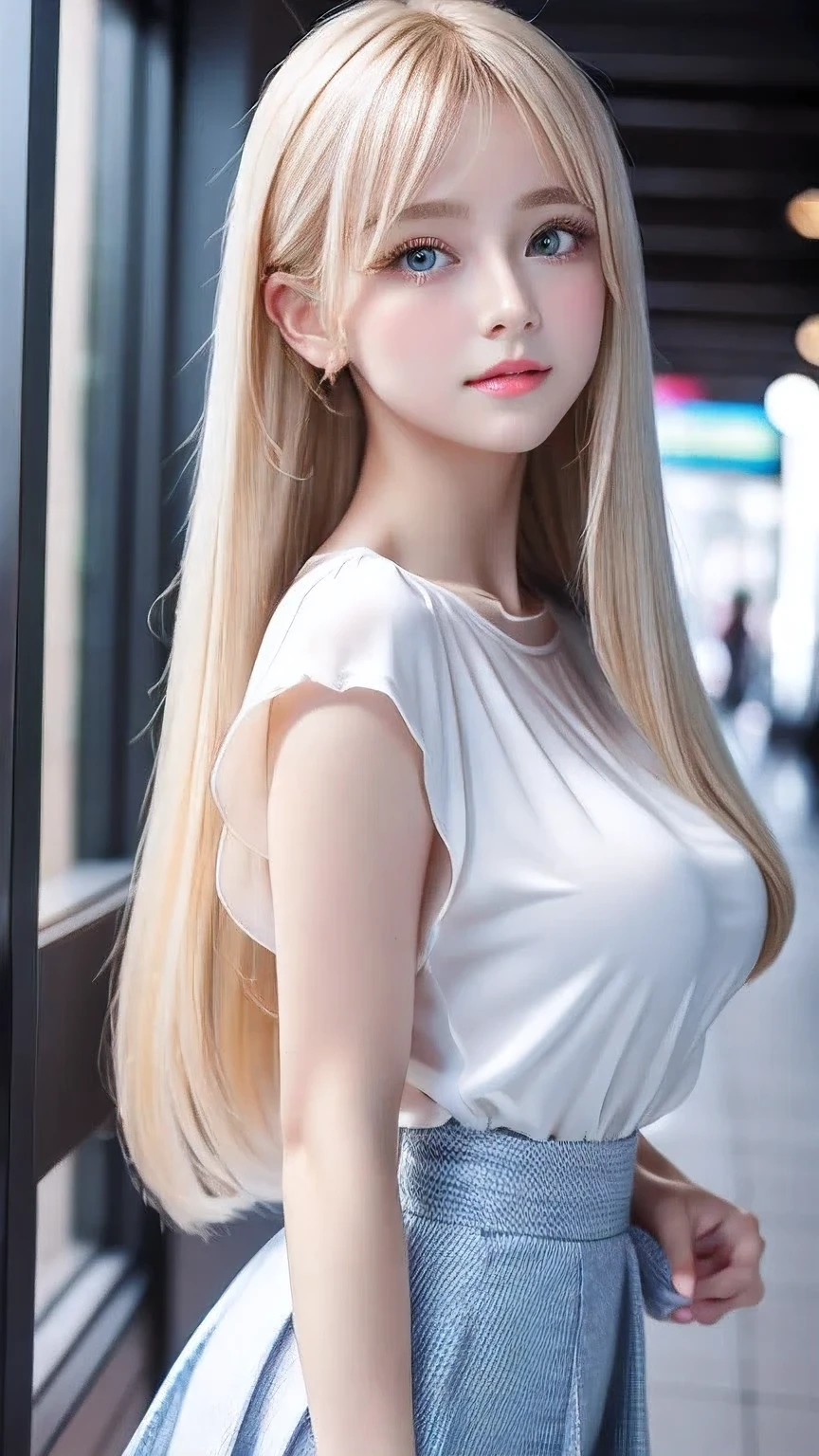 Silver Shiny Hair、Super long straight silky hair、Dazzling blonde, super long, silky hair、16 year old cute little beautiful face、Beautiful girl、A radiant blonde dancing in front of a beautiful face、length, Silky bangs that cover the area between the eyes、so beautiful, bright, big, bright青い目、Very big eyes、Hair that hides the face、Sexy and cute young woman with super long bangs、Very white skin、Cheek Gloss Highlighter、Small Face Beauty、Round face、Cute Shirts、Ample Bust
