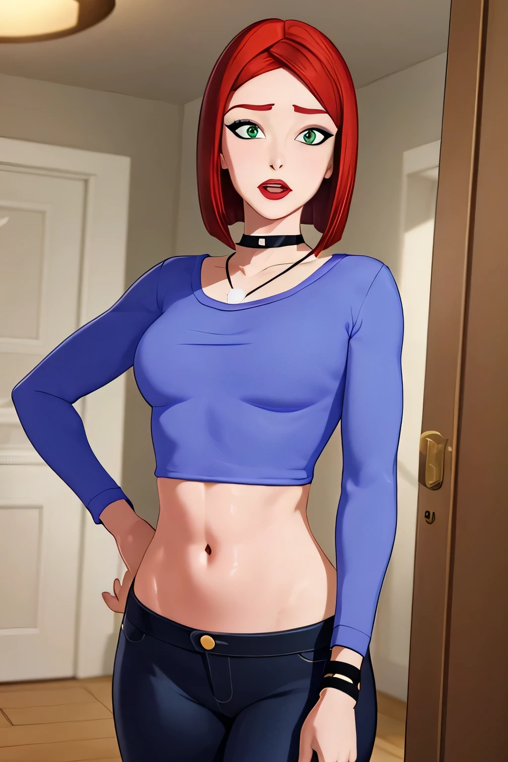 super fine illustration, vibrant colors, masterpiece, sharp focus, best quality, depth of field, looking down, cinematic lighting, ultra detailed, solo, 1girl, bellybutton, navel, tummy, choker, jewelry, necklace, black choker, blue shirt, crop top, long sleeves, black_pants, jeans, denim, wristband, red hair, short hair, green eyes, makeup, lipstick, red lips, bob cut, lips, mature woman, indoors, small breasts, CARTOON_merry_jane_watson_SMTAS_ownwaifu, www.ownwaifu.com, hips, slim, slender, embarrassed, open mouth, hand on own stomach, blush, teeth