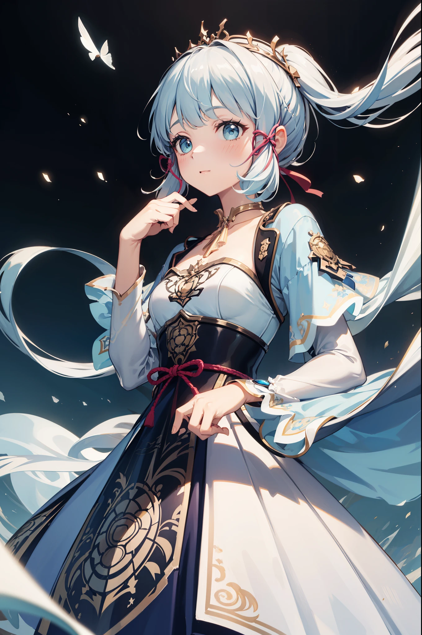 (Best quality,4K,8K,high resolution,masterpiece:1.2)，Teen Girls，Obsessed，have fun，in love，Light princess dress，Sky blue eyes,Wedding Dress,White No Smell，Transparent clothes，A little aqua blue fabric,A little lace，A few white wrinkles，Exquisite clothing，Starry Sky，Alone，night