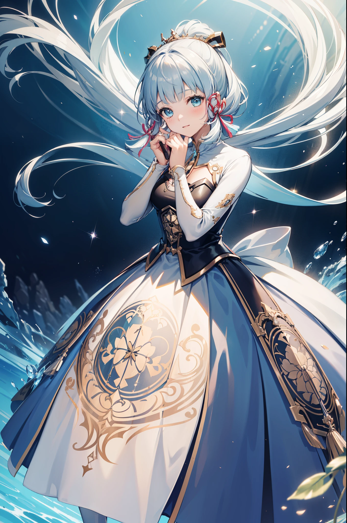 (Best quality,4K,8K,high resolution,masterpiece:1.2)，Teen Girls，Obsessed，have fun，in love，Light princess dress，Sky blue eyes,Wedding Dress,White No Smell，Transparent clothes，A little aqua blue fabric,A little lace，A few white wrinkles，Exquisite clothing，Starry Sky，Alone，night