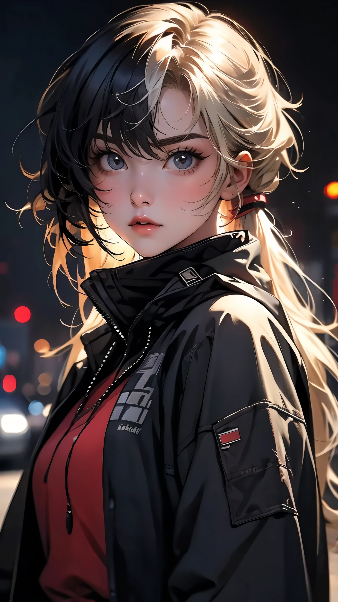 ((Masterpiece)), envision a 8k, highres, cinematic, extremely beautiful semi realistic close up portrait of a beautiful girl with a strong face, slender body, ((choppy blonde hair)), twin tails, black hair, multicolored hair, side locks, choppy bangs, round face, long sweeping bangs, red eyes, soft lips, lip gloss, thick eyebrows, round face, jacket, shirt, techwear, superhero suit,, ((((1girl)))), in dark lighting, against a dark gray background