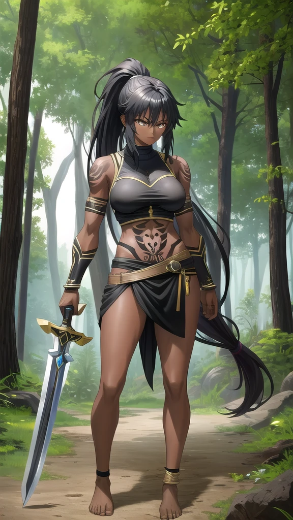 anime woman with wavy black hair, barbarian outfit cloth, long hair, blood, stealth digital dungeons and dragons, detailed digital anime art, digital forest, flowers, wild flowers, nature background, forests - anime art, aesthetic, anime, 4k anime wallpaper, Full body with abs, Muscular woman, fantasy style, detailed eyes,