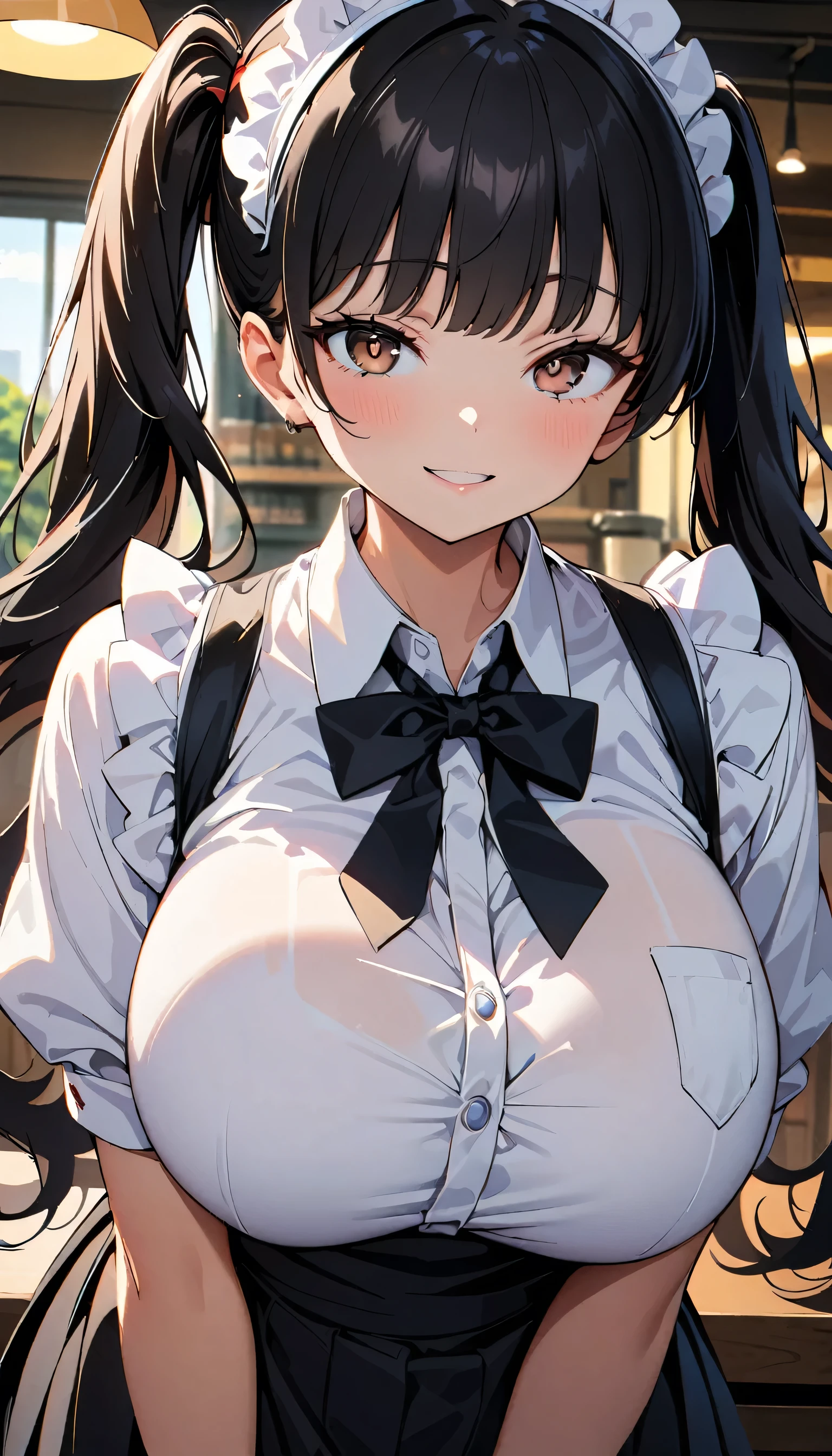 (high quality, 8k, 4K, High Contrast, masterpiece:1.2, 最high quality, Best aesthetics), Yamada Anna, Beauty, Maid, Very detailed, Seductive and erotic girl with lace headdress, smile, (Big Breasts, Black Hair, Twin tails), Focus on the face, Focus on the face, Complex eyes, tights, 40 denier black tights, coffee shop, Low angle shot, Viewer looking up,