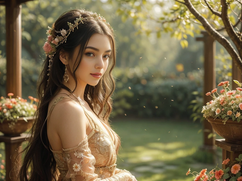 A girl with long flowing hair, wearing a flowing dress, standing in a magnificent garden. Her eyes are filled with determination and her lips are delicately detailed. The garden is filled with vibrant colors of blooming flowers and lush greenery. The sunlight peeks through the branches, casting a soft and warm glow on the girl's face. The scene is captured in an oil painting style, with rich textures and brushstrokes bringing the garden to life. The image quality is of the highest level, with ultra-detailed elements and a realistic and photorealistic representation. The colors are vivid and vibrant, enhancing the overall beauty of the scene. The lighting is carefully composed, with a balance between highlights and shadows, creating depth and dimension. This artwork is a masterpiece, showcasing the artist's talent and skill.