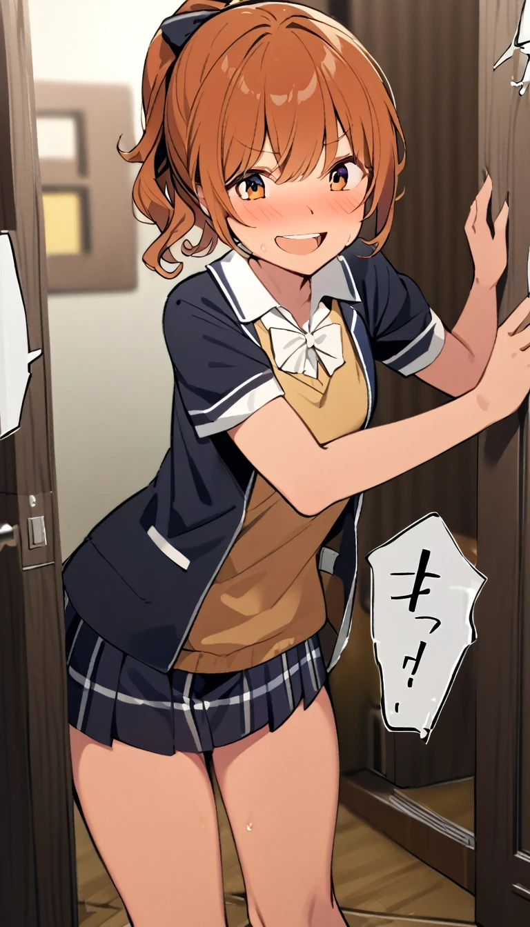 A girl of normal height, tanned girl dressed as a schoolgirl,  wearing a ponytail, smiling, curly and orange hair , trying to throw himself off the door.