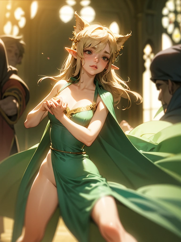 1girl, ((Medieval fantasy setting)). score_9, score_8_up, score_7_up, score_6_up, Echo is a half-elf. She has light brown skin. Thick light chestnut hair with caramel highlights and soft waves. Brown eyes with green hues. Her beautiful face is oval with soft features and pronounced cheekbones. She has full and attractive lips with a natural blush. A slight scar over her right eyebrow. Her ears are small like a human's but pointed like an elf's. Her physique is athletic and slim, she toned and flexible. She has a round and elastic body shapes. Secret female Masturbation: 1 elf girl masturbates her pussy at a public holiday in broad daylight. Background: Fair, broad daylight. The people behind Echo are busy with their own affairs. The stage is in a remote part of the fair. Clothing: A white-transparent light sundress worn over a naked body without underwear. Thin straps, open shoulders. With loose hair. Her nipples are firm, clearly protruding through the thin fabric. Pose: Echo stands with her back to the crowd, one hand lifting her dress, exposing her thighs. The other hand holds a cucumber, which she inserting into vagina. Her face is slightly turned, an excited smile plays on her lips, her eyes are half-closed. Camera: Front-bottom, angled to show details of the process. Tags: (secret female masturbation, solo, standing, cucumber, orgasm, spied-on, covered nipples, (cucumber in vagina), penetration, vaginal insertion, liquid discharge, Lubrication, Wetness, Vaginal Fluid, (Medieval))