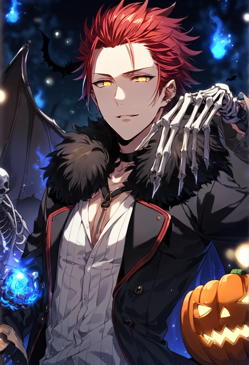 absurdres, highres, ultra detailed, HDR, master piece, detailed eyes, detailed face, Suoh Mikoto, red hair, hair is kept short, ruffled, slicked back and spiked, expressive yellow eyes, K Project, black cape with fur, black cropped shirt, accessories, sexy man, handsome, best quality, Halloween, fantasy, magical, blue shining fireflies, a piercing, solo, adult face, shining blue pumpkins, blue flames, skeleton hands, black bats, blue powers, amnesia memories, blue forest, demon, best quality