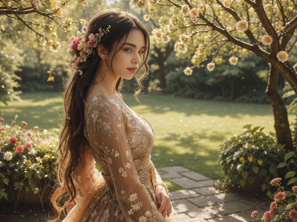 A girl with long flowing hair, wearing a flowing dress, standing in a magnificent garden. Her eyes are filled with determination and her lips are delicately detailed. The garden is filled with vibrant colors of blooming flowers and lush greenery. The sunlight peeks through the branches, casting a soft and warm glow on the girl's face. The scene is captured in an oil painting style, with rich textures and brushstrokes bringing the garden to life. The image quality is of the highest level, with ultra-detailed elements and a realistic and photorealistic representation. The colors are vivid and vibrant, enhancing the overall beauty of the scene. The lighting is carefully composed, with a balance between highlights and shadows, creating depth and dimension. This artwork is a masterpiece, showcasing the artist's talent and skill.