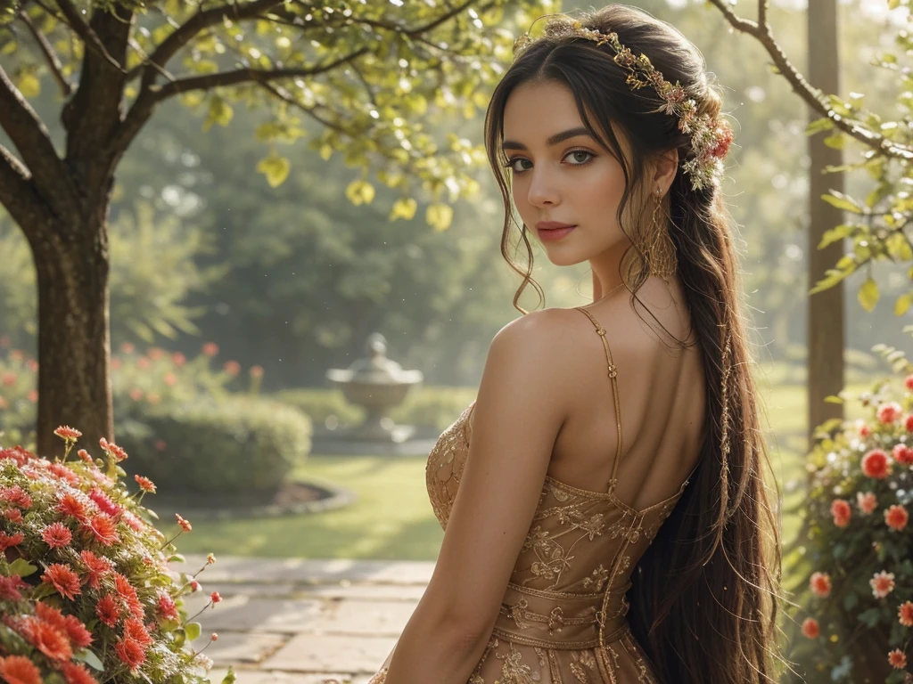 A girl with long flowing hair, wearing a flowing dress, standing in a magnificent garden. Her eyes are filled with determination and her lips are delicately detailed. The garden is filled with vibrant colors of blooming flowers and lush greenery. The sunlight peeks through the branches, casting a soft and warm glow on the girl's face. The scene is captured in an oil painting style, with rich textures and brushstrokes bringing the garden to life. The image quality is of the highest level, with ultra-detailed elements and a realistic and photorealistic representation. The colors are vivid and vibrant, enhancing the overall beauty of the scene. The lighting is carefully composed, with a balance between highlights and shadows, creating depth and dimension. This artwork is a masterpiece, showcasing the artist's talent and skill.